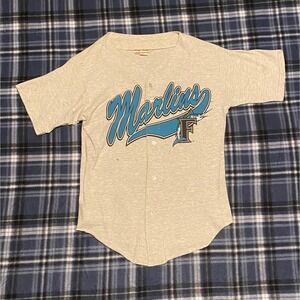 Vintage Florida Marlins Jersey College Concepts Heather Gray Button Up Medium